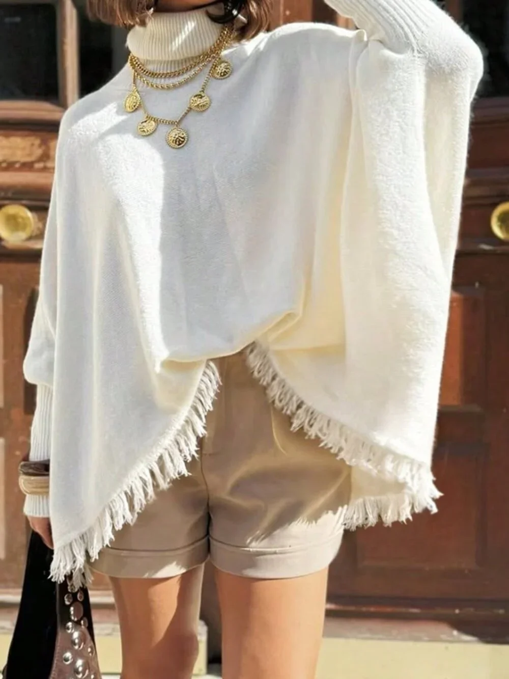 White Casual Women's Tassel High Neck Long Sleeve Sweater